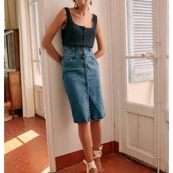 Sezane Jona Blue Denim Button Front A-line Midi Skirt, Size EU42/XL - Picture 1 of 8